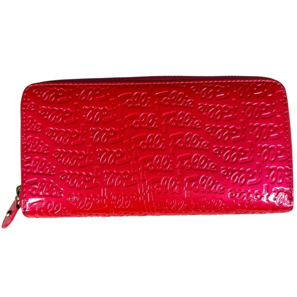 Folli Follie Logomania Hot Pink Glossy Zip Around Continental Wallet Glam Logo